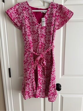 NWT LOFT Pink Floral Embroidered Tie Waist Dress Size 10 Midi Wedding Guest